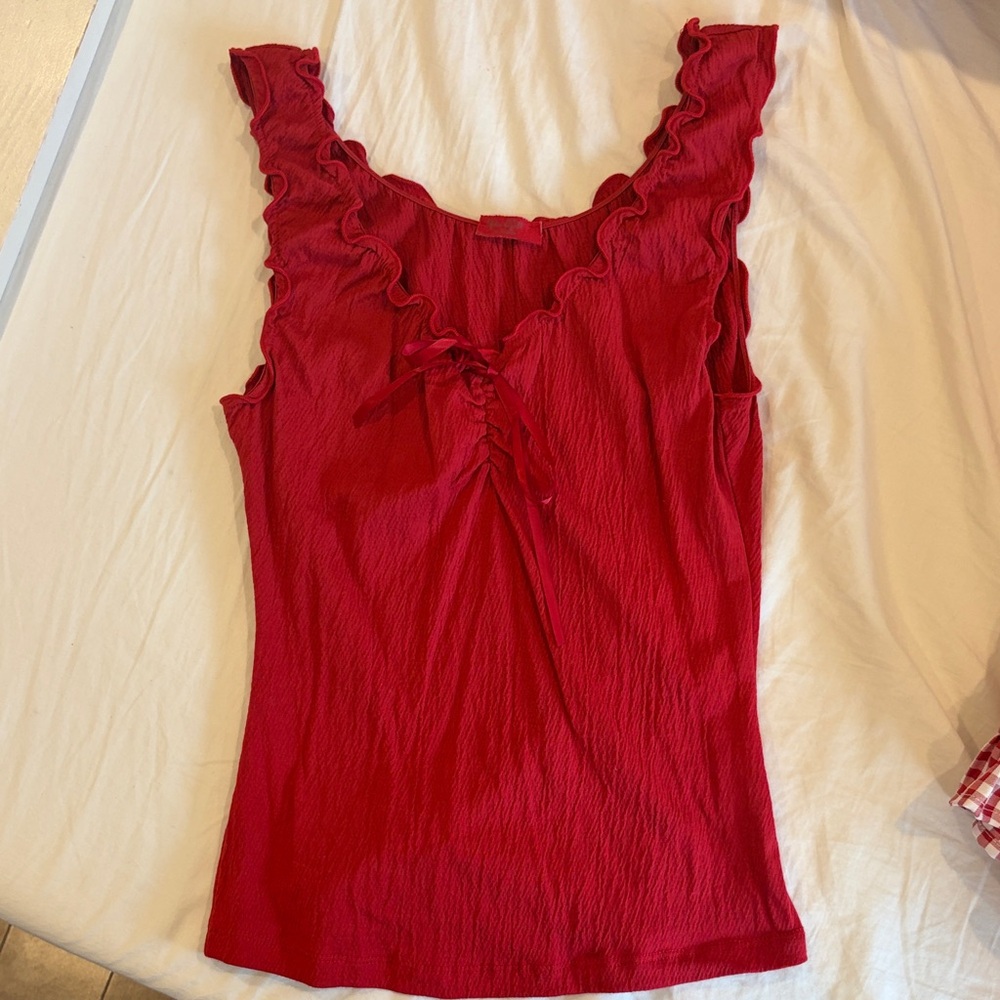 Brandy Melville Red Ruffle Lace-Up Tank